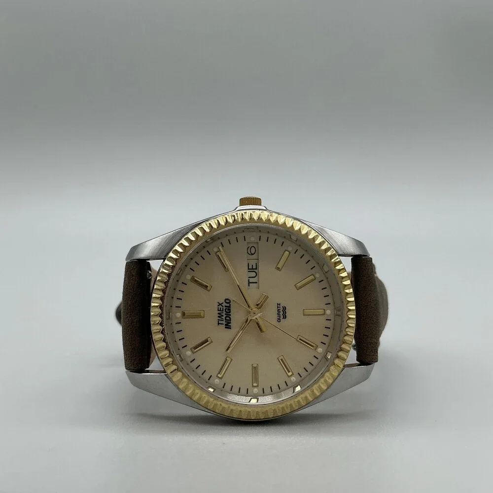 Vtg Timex Indiglo Mens Watch 34mm Two Tone Brown Leather Day Date New Battery